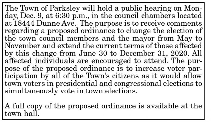 Town of Parksley Public Hearing 11.22, 11.29.19