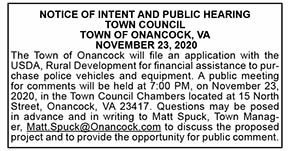 NOTICE OF INTENT AND PUBLIC HEARING TOWN COUNCIL TOWN OF ONANCOCK 11.6