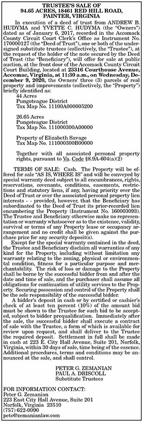 TRUSTEE’S SALE OF  94.65 ACRES, 18461 RED HILL ROAD, PAINTER 11.20, 11.27, 12.4