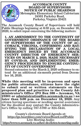 ACCOMACK COUNTY  BOARD OF SUPERVISORS NOTICE OF PUBLIC HEARINGS 12.4, 12.11