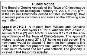 Chincoteague Board of Zoning Appeals public hearing Brinton 1.22, 1.29