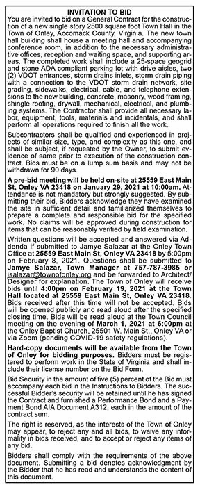 Invitation to Bid on Construction of Onley Town Hall 1.15