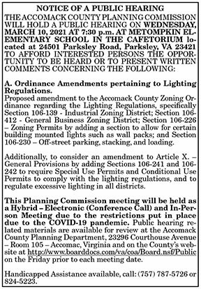 Public Hearing Accomack County Ordinance Amendments in Lighting Regulations 2.19, 2.26