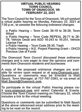 Town of Onancock Virtual Public Hearing for Ordinance Changes 2.12