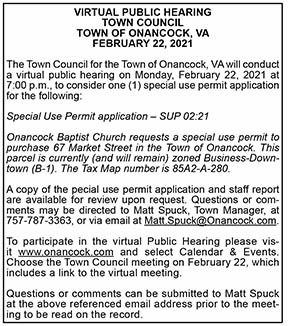 Town of Onancock Virtual Public Hearing for Special Use Permit Application 2.12