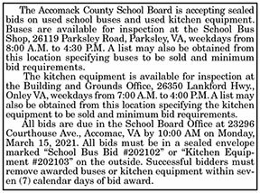 Accomack County School Board Sealed Bids for Used Buses and Kitchen Equipment 3.5