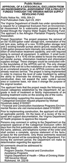 APPROVAL OF A CATEGORICAL EXCLUSION FROM AN ENVIRONMENTAL ASSESSMENT FOR A PROJECT FUNDED THROUGH THE VIRGINIA WATER SUPPLY REVOLVING FUND 4.23, 4.30