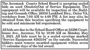 Accomack County School Board Accepting Sealed Bids for Obsolete or Out of Service Equipment 4.23