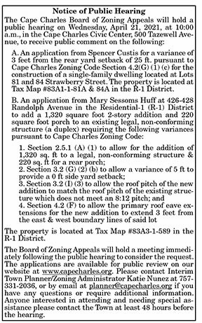 Cape Charles Board of Zoning Appeals Public Hearing 4.9, 4.16