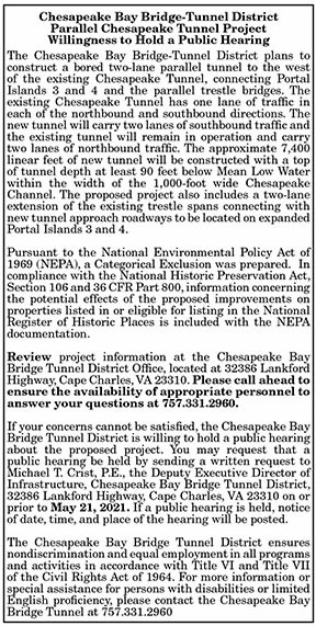Chesapeake Bay Bridge-Tunnel District Parallel Chesapeake Tunnel Project Public Hearing 4.23, 5.7
