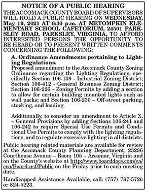 Public Hearing for Proposed amendment to the Accomack County Zoning Ordinance 4.30, 5.7