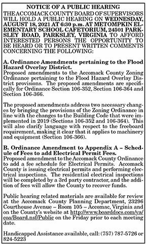 Accomack BOS Public Hearing on Flood Hazard Overlay District and Electrical Permit Fees 7.30, 8.6