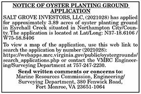Notice of Oyster Planting Ground Application Salt Ground Investors 2021028 7.23, 7.30