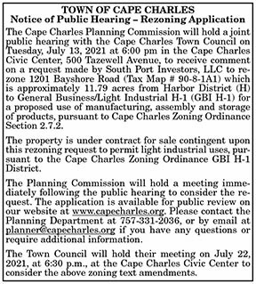 Town of Cape Charles Notice of Public Hearing Rezoning Application 7.2