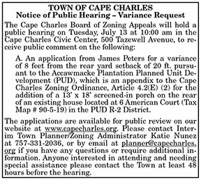 Town of Cape Charles Notice of Public Hearing Variance Request 7.2