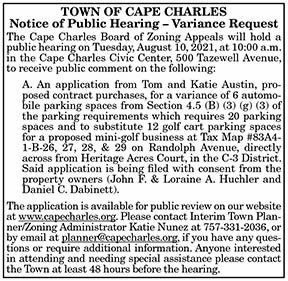 Town of Cape Charles Notice of Public Hearing Variance Request 7.23, 7.30