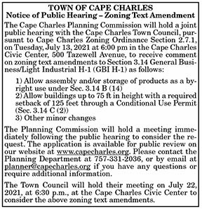 Town of Cape Charles Notice of Public Hearing Zoning Text Amendment 7.2