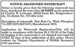 Notice Abandoned Watercraft 8.20, 8.27, 9.3