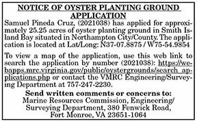 Notice of Oyster Planting Ground Application Pineda Cruz 8.20, 8.27