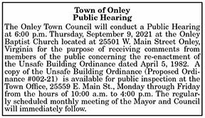 Town of Onley Public Hearing Unsafe Building Ordinance 8.13