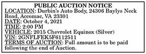 Durbins Auto Body Vehicle Auction 9.24