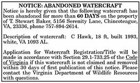 Notice of Abandoned Watercraft 10.1, 10.8, 10.15