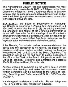 Northampton County Planning Commission Public Notice on ZTA 2021 03 10.15, 10.22