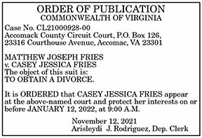 Order of Publication to Obtain a Divorce – Fries 11.19, 11.26, 12.3, 12.10