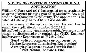 Notice of Oyster Planting Ground Application Parr 12.24, 12.31