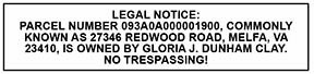 No Trespassing Notice at 27346 Redwood Road, Melfa 1.28, 2.4, 2.11