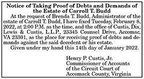 Notice of Taking Proof of Debts and Demands of the Estate of Carroll T. Budd 1.21