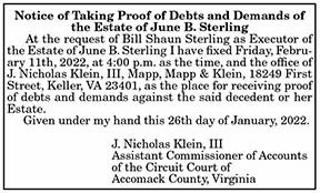 Notice of Taking Proof of Debts and Demands of the Estate of June B. Sterling 1.28