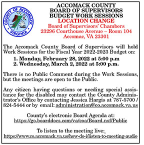 Accomack County Board of Supervisors Budget Work Sessions Location Change 2.25