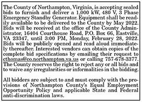 Northampton County Accepting Sealed Bids for Emergency Standby Generator 2.18, 2.25
