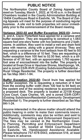 Northampton County Board of Zoning Appeals Public Notice 2.11, 2.18
