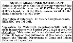 Notice of Abandoned Watercraft 2.11, 2.18, 2.25