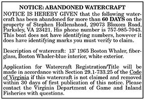 Abandoned Watercraft Notice 3.4, 3.11, 3.18