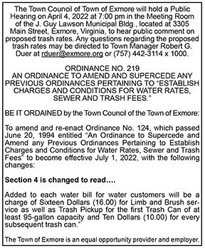 Town Council of Town of Exmore Public Hearing on Proposed Trash Rates 3.18, 3.25