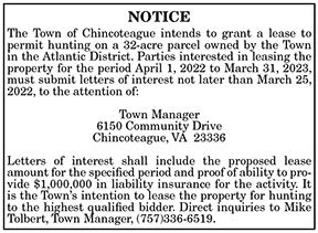 Town of Chincoteague Notice for Intent to Grant Lease to Permit Hunting 3.4, 3.11