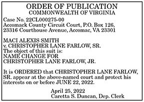 Name Change for Christopher Lane Farlow, Jr. 4.29, 5.6, 5.13, 5.20