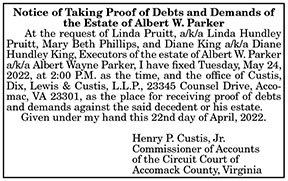 Notice of Taking Proof of Debts and Demands of the Estate of Albert W. Packer 4.29