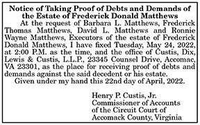 Notice of Taking Proof of Debts and Demands of the Estate of Frederick Donald Matthews 4.29