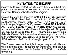 Invitation to Bid on Eastville Building Demolition 5.6
