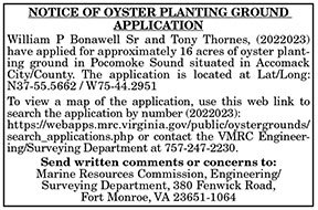 Notice of Oyster Planting Ground Application Bonawell and Thornes 5.16, 5.13