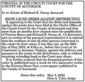 Show Cause Order Against Distribution Richard E. Oncay 5.13, 5.20