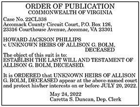 Suit To Establish The Last Will And Testament Of Allison G. Bolm 5.27, 6.3, 6.10, 6.17