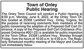 Town of Onley Public Hearing on Proposed Golf Cart Ordinance 5.13, 5.20