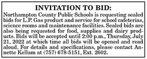 Northampton County Public Schools Invitation to Bid on LP Gas 6.3, 6.10, 6.17