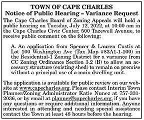 Town of Cape Charles Notice of Public Hearing Variance Request 6.24, 7.1