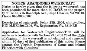 Notice of Abandoned Watercraft 7.15, 7.22, 7.29